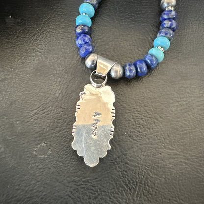 WoMens Opal Inlay Pendant Navajo Sterling Silver Blue Lapis Bead Necklace 18913
