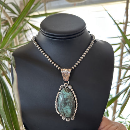 Navajo Sterling Silver Green Rustic Turquoise Necklace Pendant 2.75” 19010