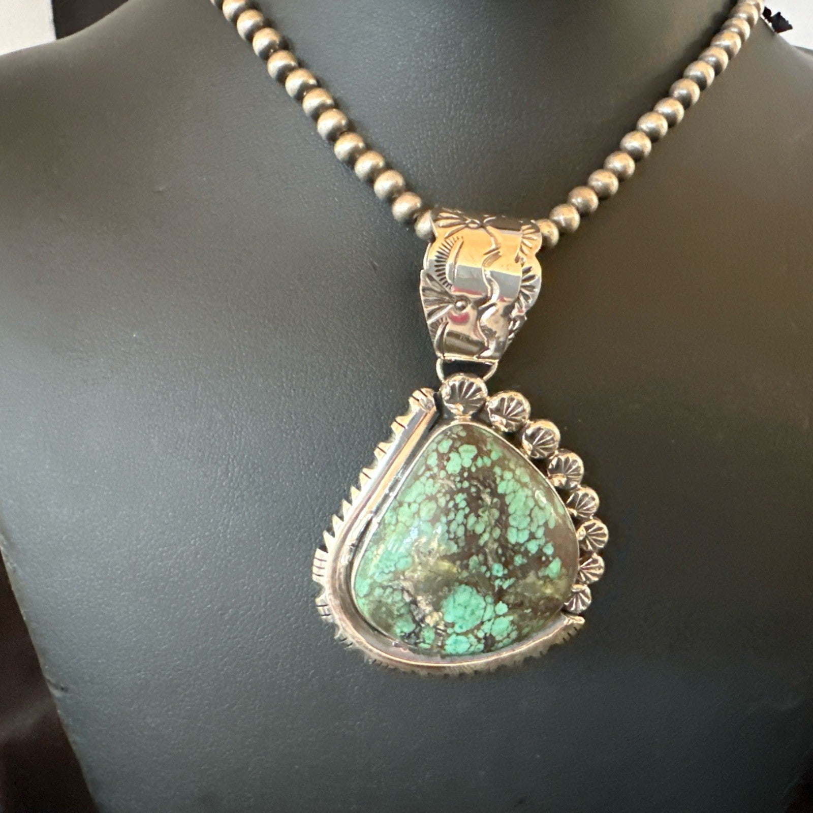 Navajo Sterling Silver Green Rustic Turquoise Necklace Pendant 2.75” 19011