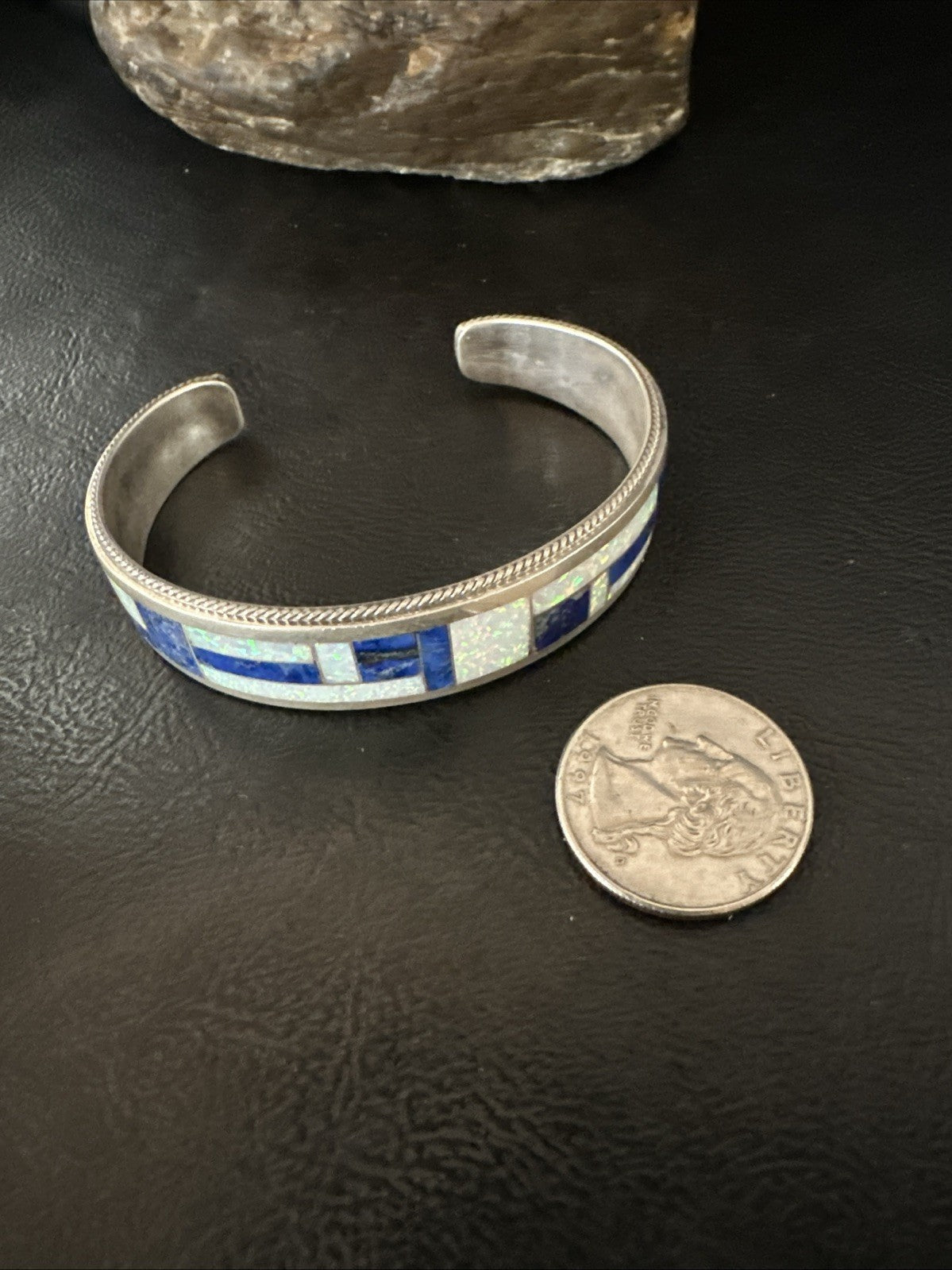 White Gilson Fire Opal Lapis Zuni Sterling Silver Inlay Bracelet 7.5" 18992
