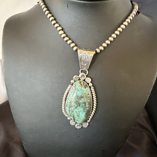 Navajo Green Rustic Turquoise Necklace Pendant 2.75" | Sterling Silver | Authentic Native American Handmade | 19010