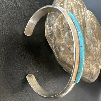 Old Pawn Blue Turquoise Navajo Sterling Silver Cuff Inlay Bracelet 18891