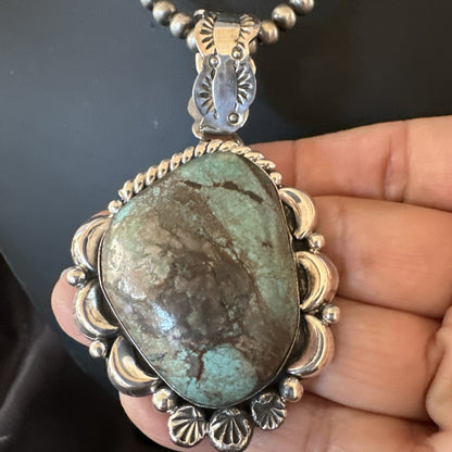 Navajo Sterling Silver Green Rustic Turquoise Necklace Pendant 2.75” 19013