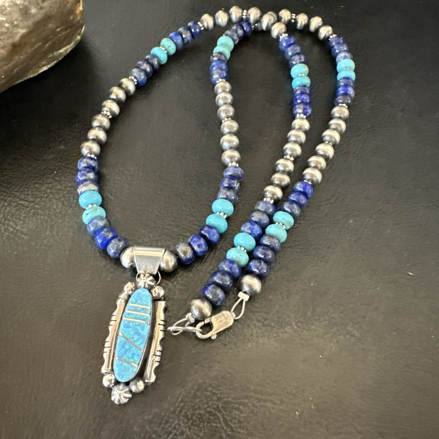 WoMens Opal Inlay Pendant Navajo Sterling Silver Blue Lapis Bead Necklace 18913