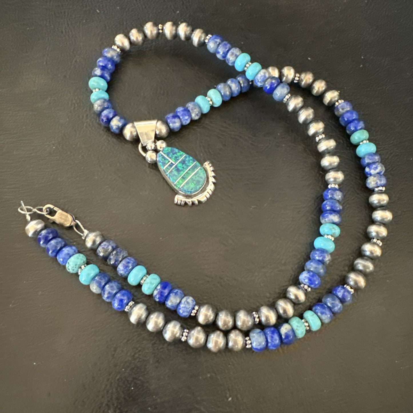 WoMens Opal Inlay Pendant Navajo Sterling Silver Blue Lapis Bead Necklace 18918