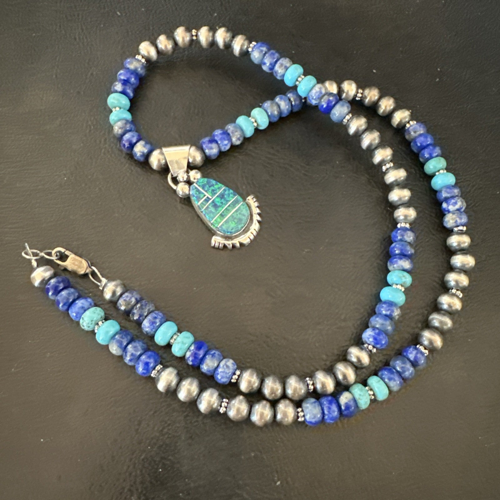 WoMens Opal Inlay Pendant Navajo Sterling Silver Blue Lapis Bead Necklace 18918