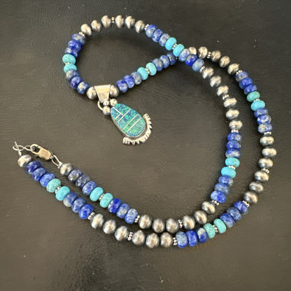 WoMens Opal Inlay Pendant Navajo Sterling Silver Blue Lapis Bead Necklace 18918