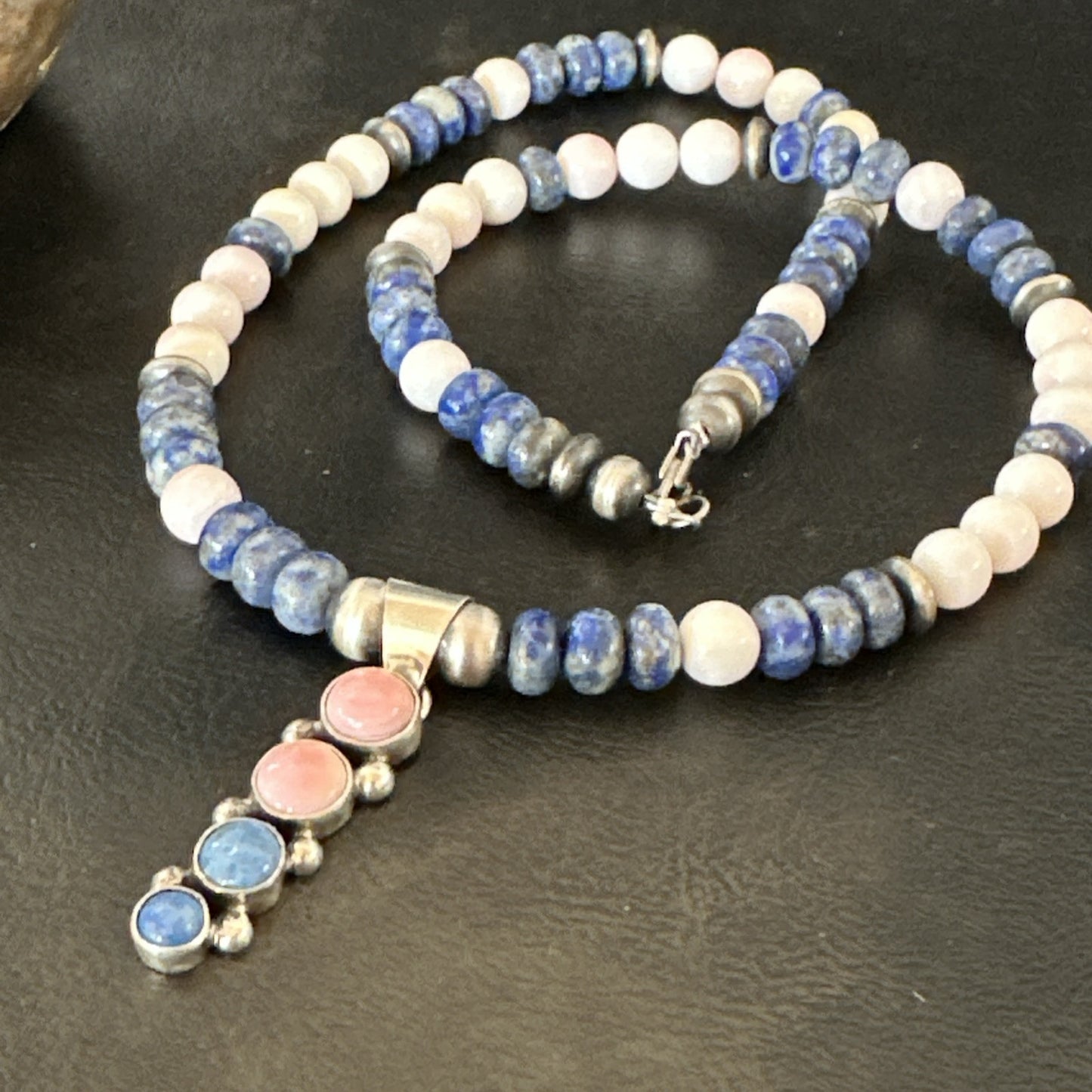 Cluster Pendant Pink Conch Lapis Navajo Pearls Sterling Silver Necklace 18896