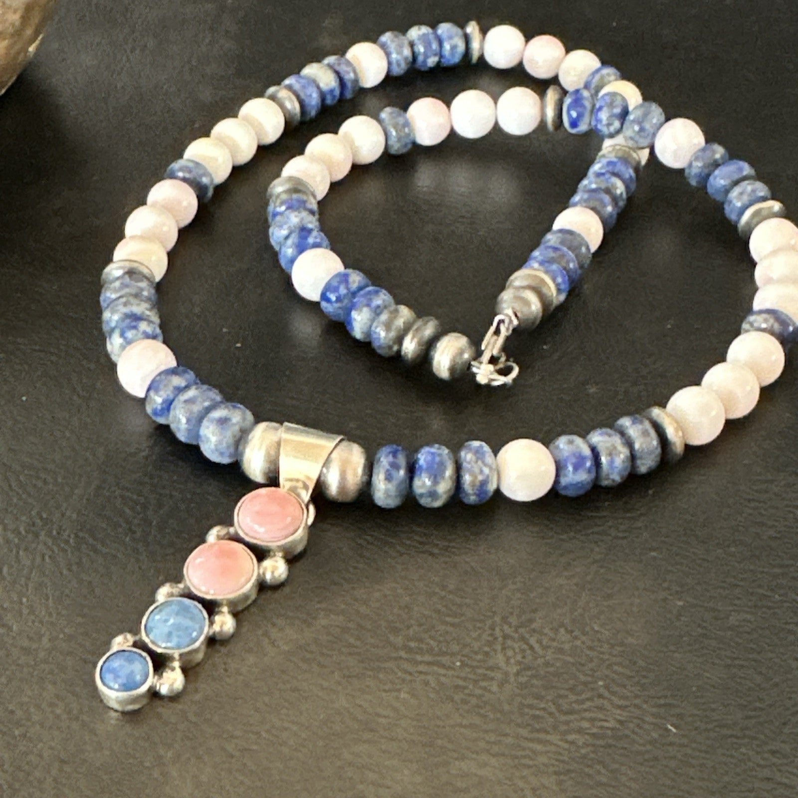 Cluster Pendant Pink Conch Lapis Navajo Pearls Sterling Silver Necklace 18896