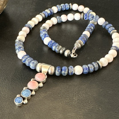 Cluster Pendant Pink Conch Lapis Navajo Pearls Sterling Silver Necklace 18896