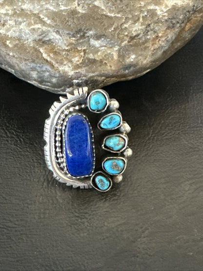 Navajo Cluster Lapis Kingman Turquoise Sterling Silver Ring Sz 9 18885