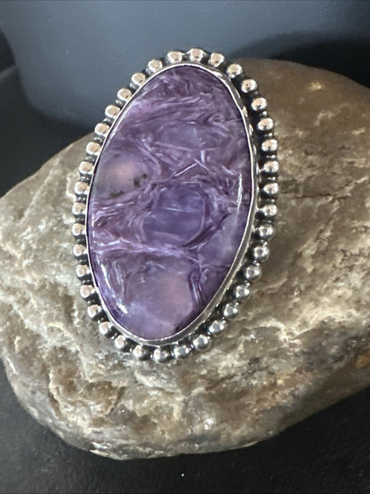 H Joe Purple Charoite Navajo Sterling Silver Oval Ring Size 7 18962