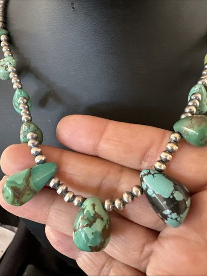 Green Turquoise Teardrop Sterling Silver Beads Necklace 20" 18985