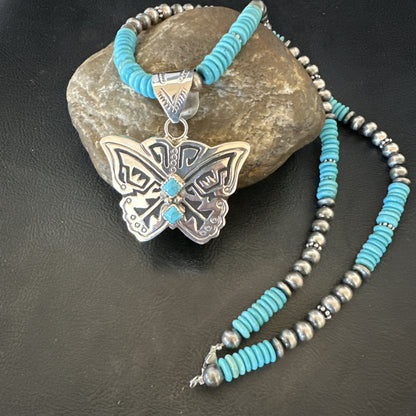 Butterfly Blue Turquoise Pendant Navajo Sterling Silver Necklace 24" 18904