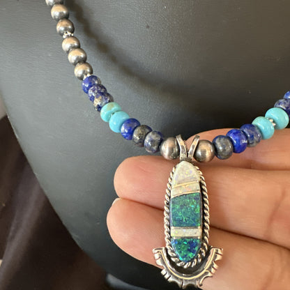 WoMens Opal Inlay Pendant Navajo Sterling Silver Blue Lapis Bead Necklace 18914