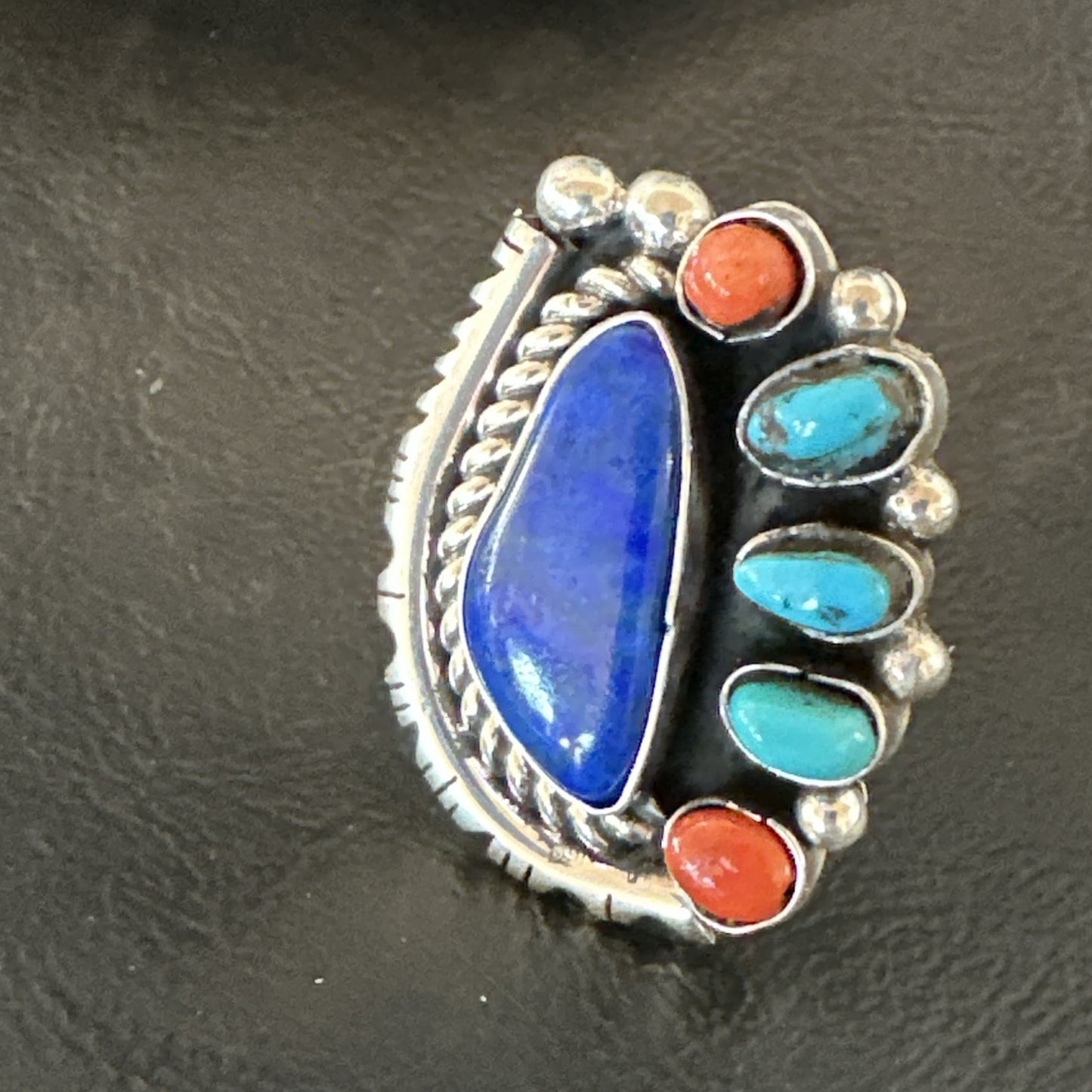Navajo Cluster Lapis Kingman Turquoise Coral Sterling Silver Ring Sz 8 18882