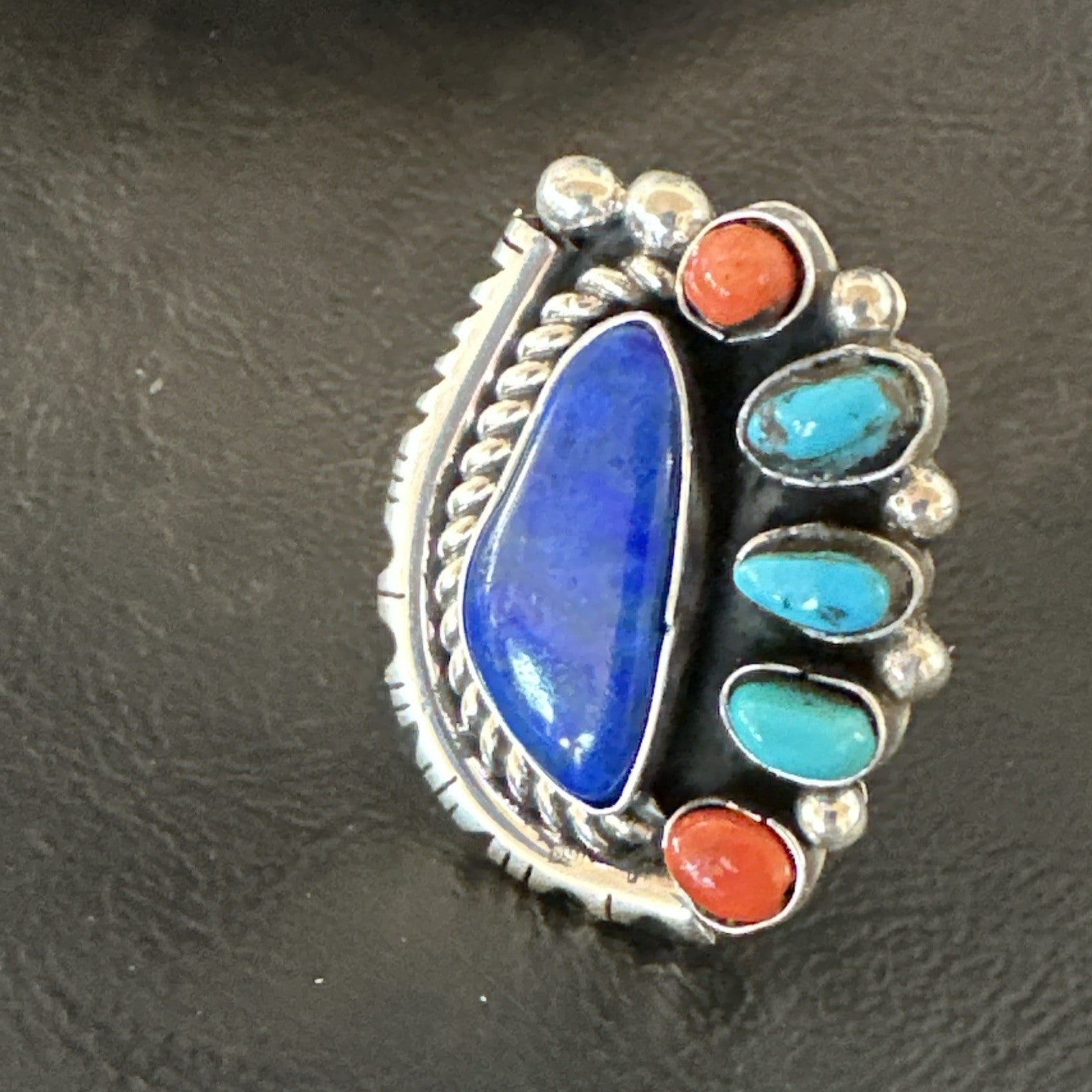 Navajo Cluster Lapis Kingman Turquoise Coral Sterling Silver Ring Sz 8 18882