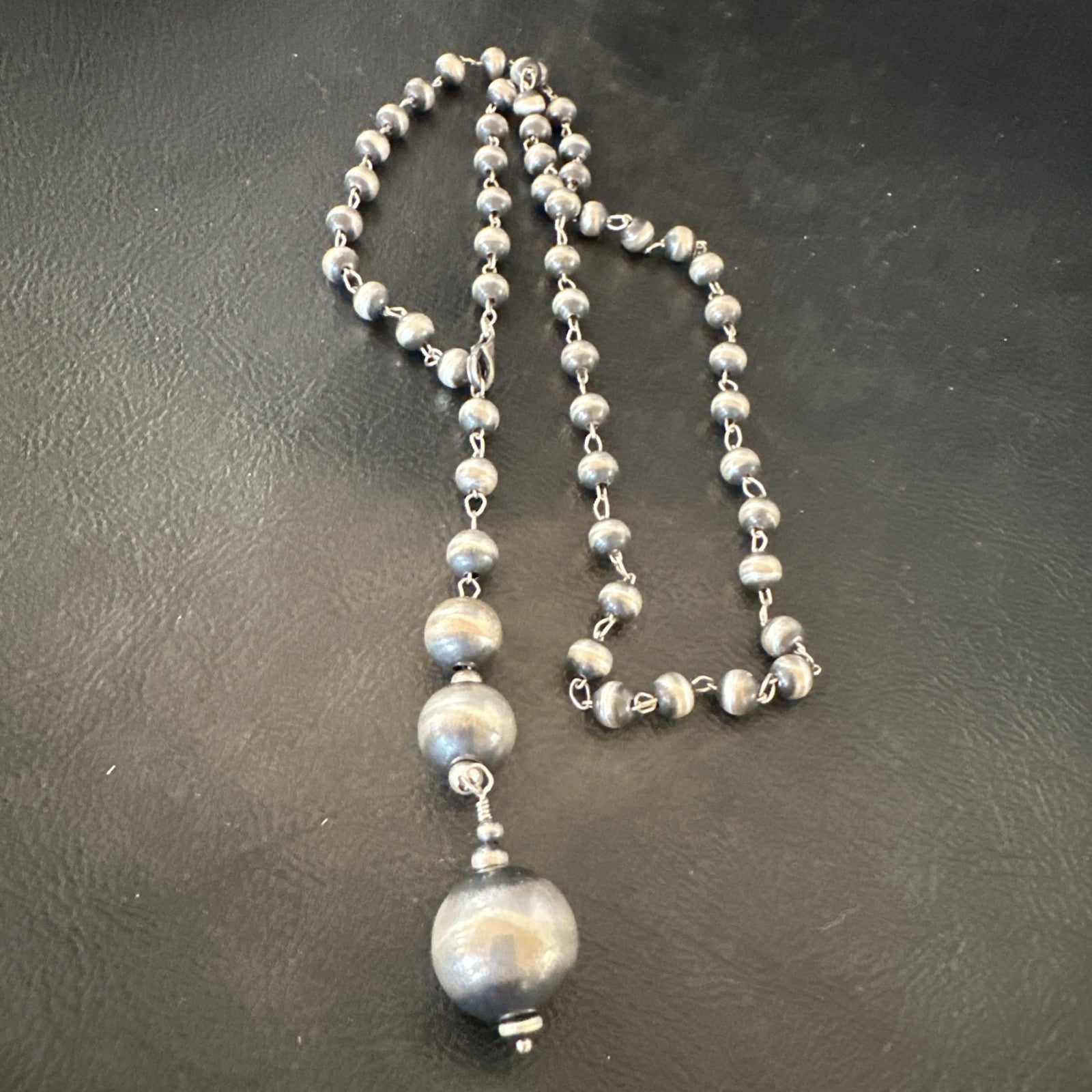 Y Rosary Bead Lariat Navajo Sterling Silver Beads Necklace 6mm 22" 18932
