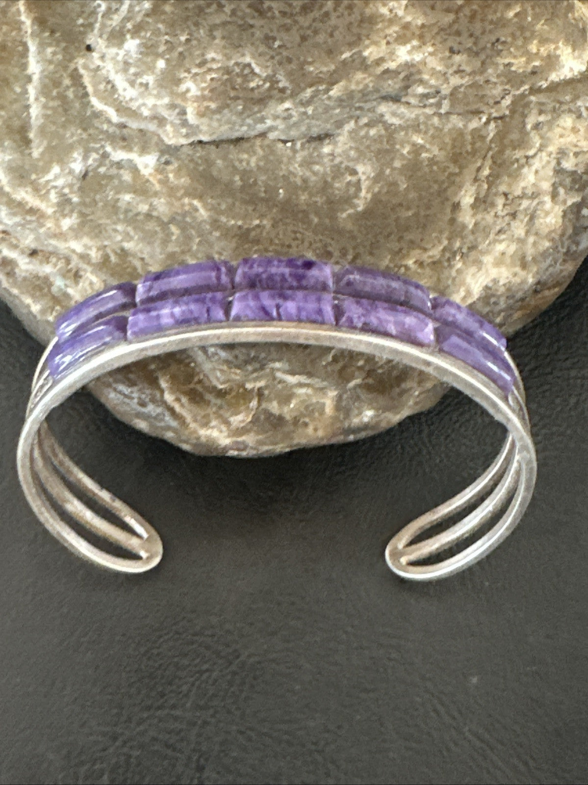 Purple Charoite Navajo Sterling Silver Inlay Cuff Bracelet 7.5" 18889