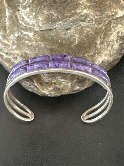 Purple Charoite Navajo Sterling Silver Inlay Cuff Bracelet 7.5" 18889