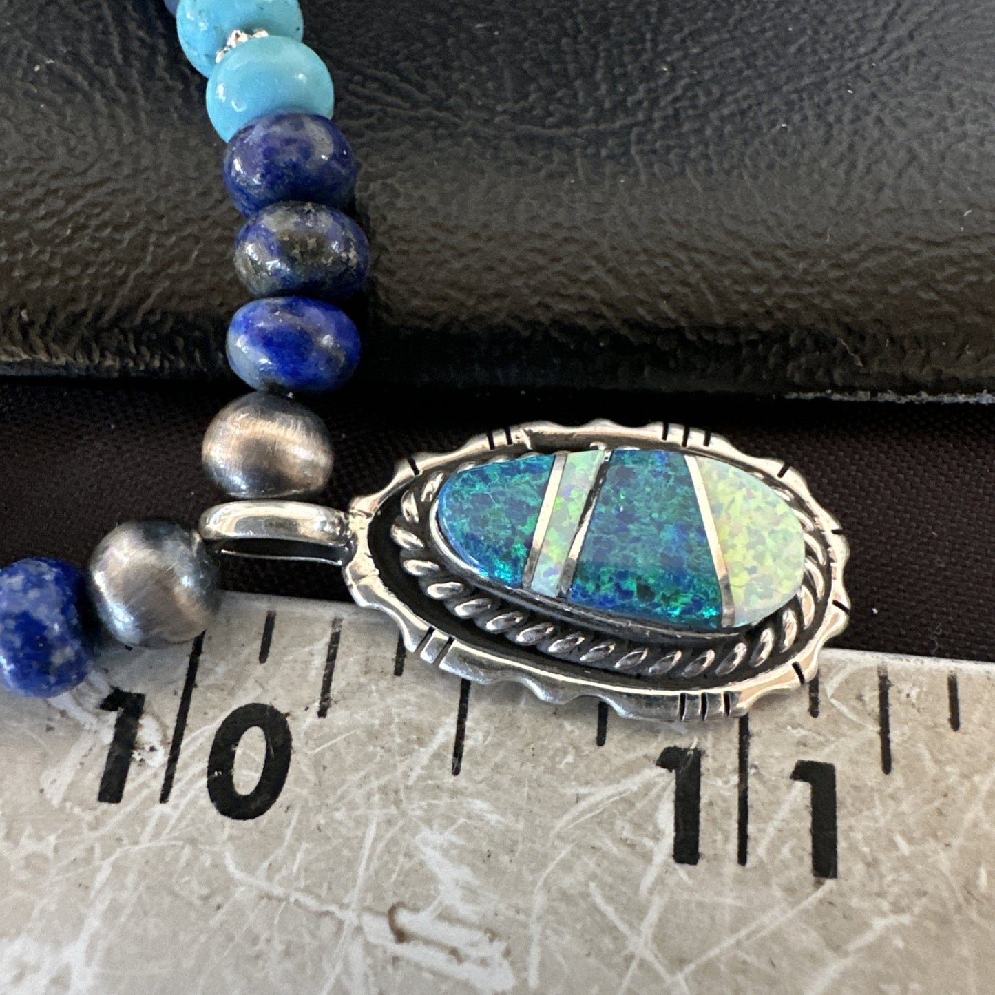 WoMens Opal Inlay Pendant Navajo Sterling Silver Blue Lapis Bead Necklace 18915