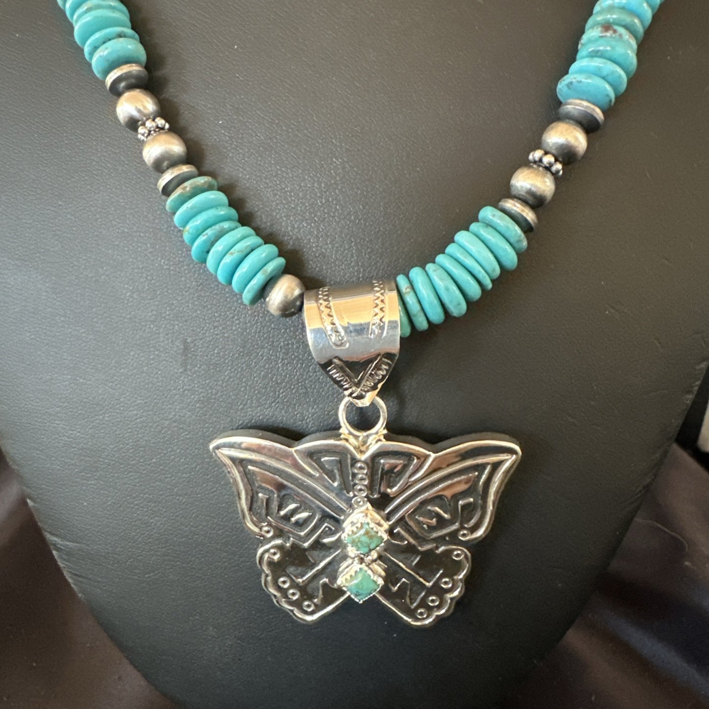 Butterfly Blue Turquoise Pendant Navajo Sterling Silver Necklace 26" 18905