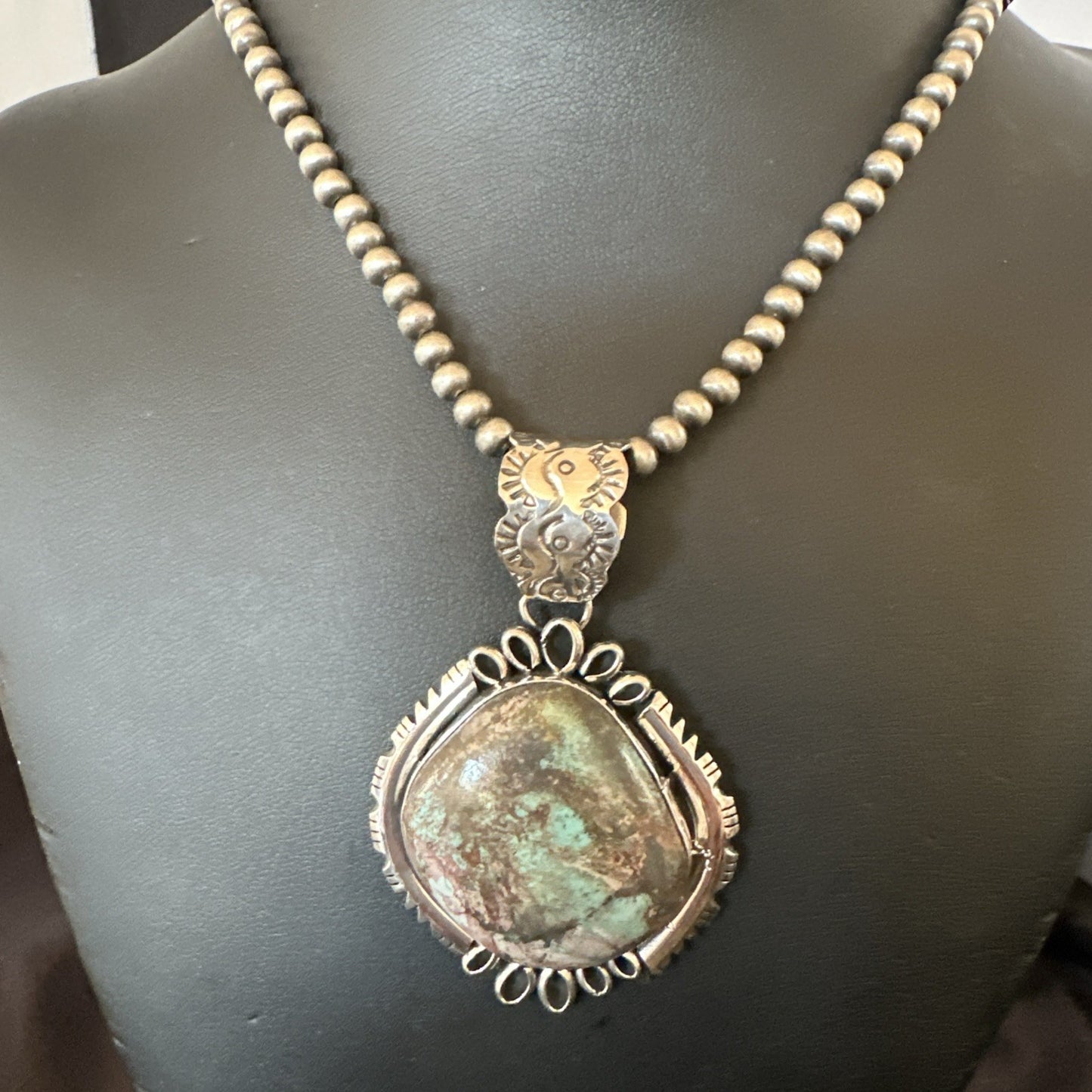 Yazzie Navajo Sterling Silver Blue Rustic Turquoise Necklace Pendant 2.75” 18998