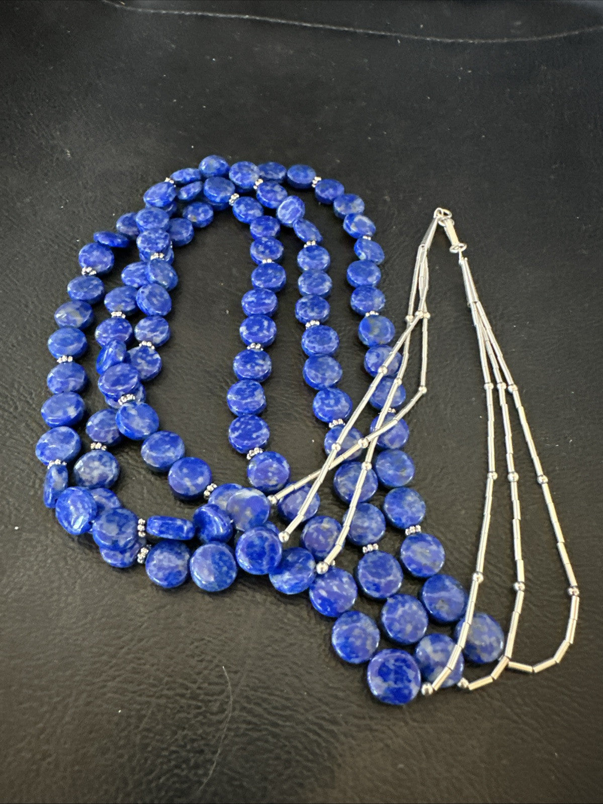Blue Lapis Heishi 8mm Bead Liquid Sterling Silver 3 Strand Necklace 19" 18961
