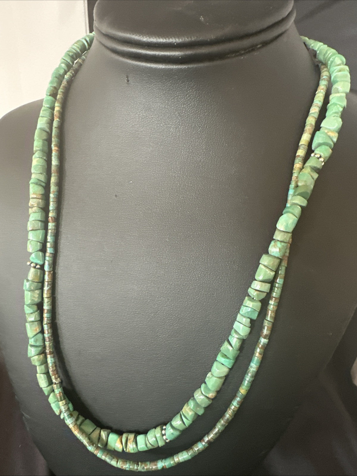 Sterling Silver Beads Heishi Green Turquoise 2 Strands Bead Necklace 18890