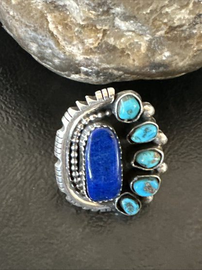 Navajo Cluster Lapis Kingman Turquoise Sterling Silver Ring Sz 9 18885
