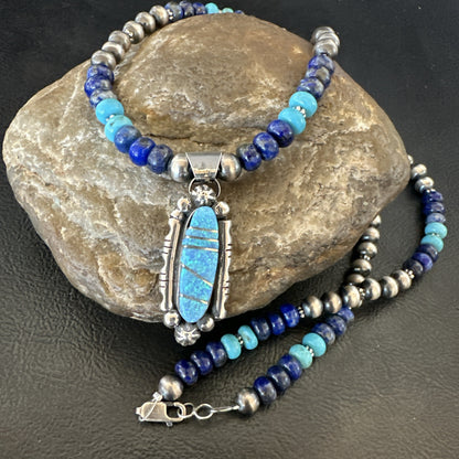 WoMens Opal Inlay Pendant Navajo Sterling Silver Blue Lapis Bead Necklace 18913
