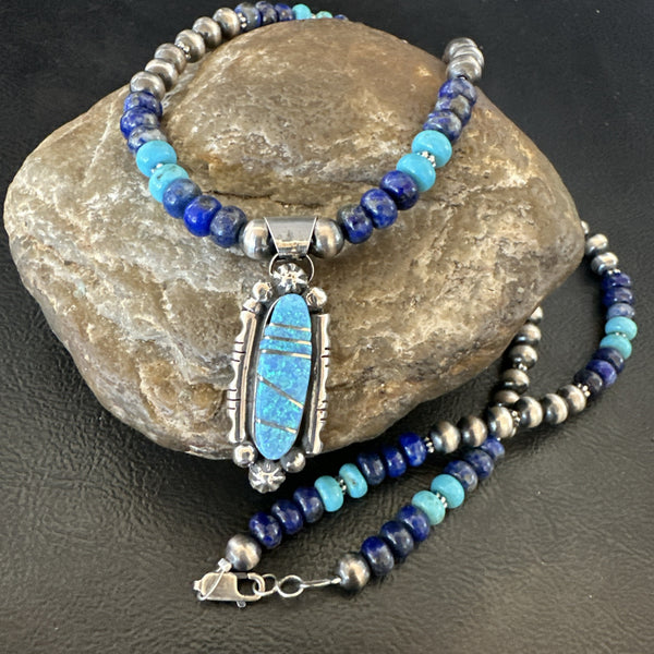 Women's Opal Inlay Pendant Navajo Blue Lapis Bead Necklace | Sterling Silver | Authentic Native American Handmade | 18913