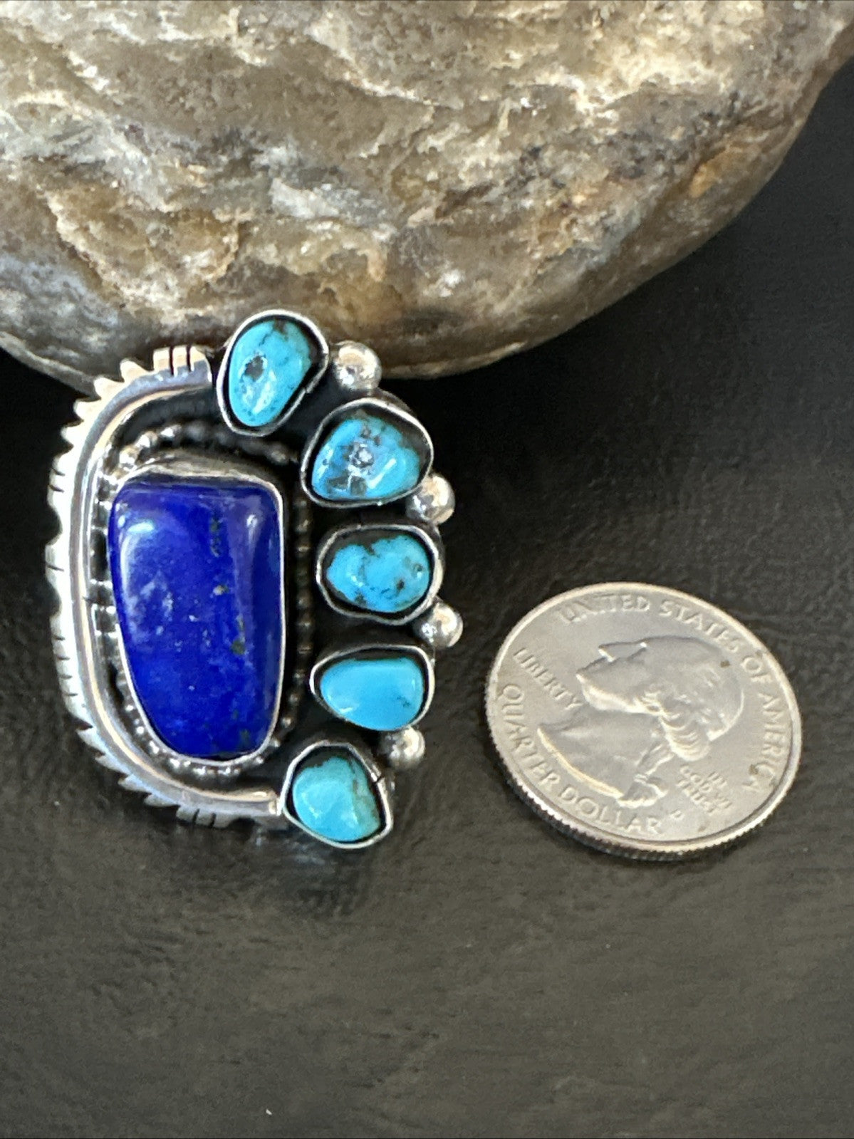 Navajo Cluster Lapis Kingman Turquoise Sterling Silver Ring Sz 8 18883