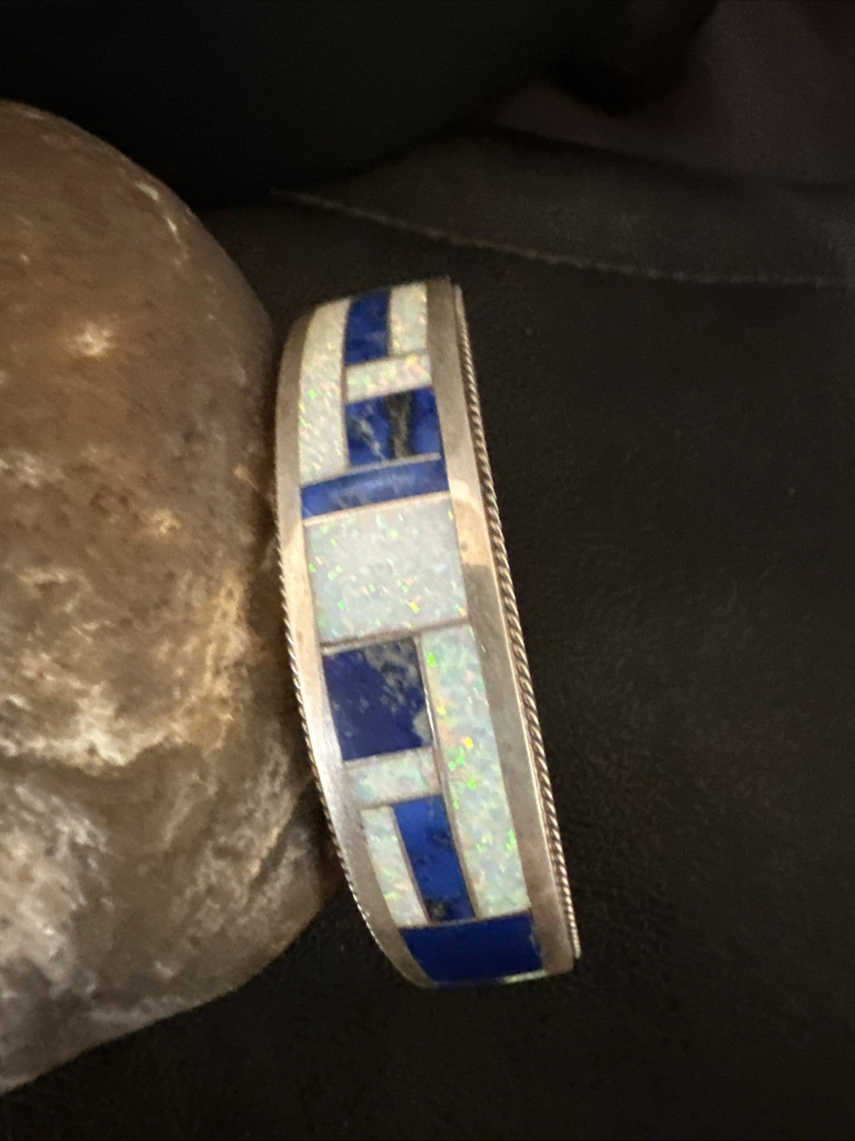 White Gilson Fire Opal Lapis Zuni Sterling Silver Inlay Bracelet 7.5" 18992