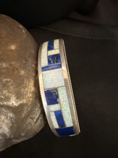 White Gilson Fire Opal Lapis Zuni Sterling Silver Inlay Bracelet 7.5" 18992