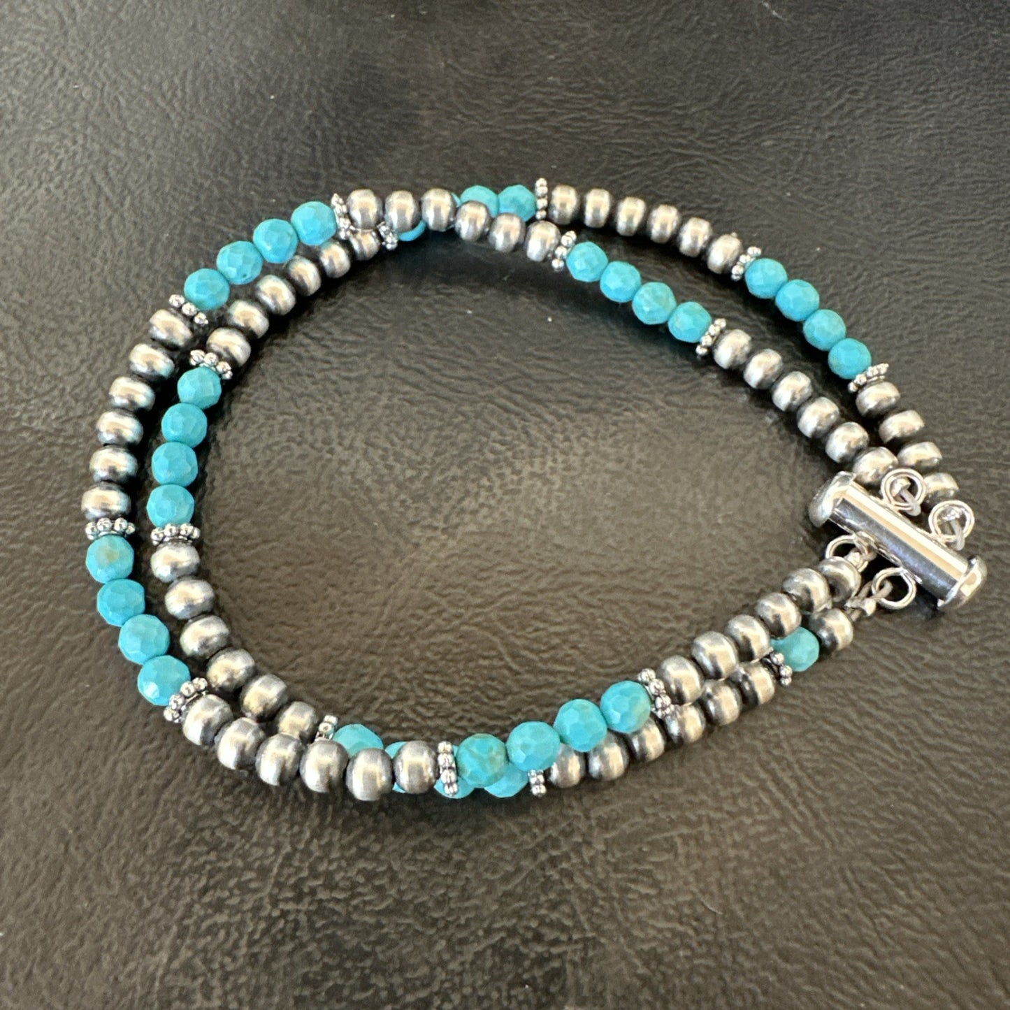Blue Turquoise Faceted Bead Navajo Sterling Silver Beads Bracelet 7.5" 18999