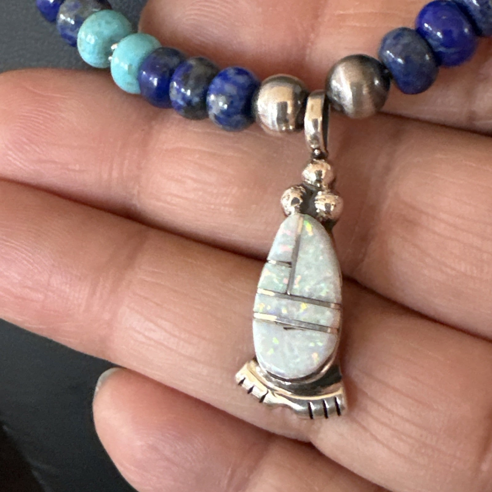 WoMens Opal Inlay Pendant Navajo Sterling Silver Blue Lapis Bead Necklace 18912
