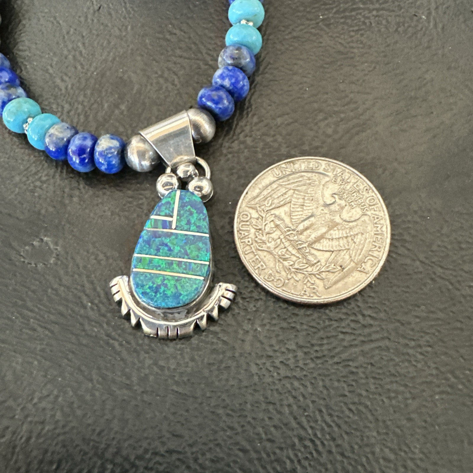 WoMens Opal Inlay Pendant Navajo Sterling Silver Blue Lapis Bead Necklace 18918