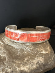 Orange Spiny Oyster Zuni Cuff Inlay Bracelet | Sterling Silver | Authentic Native American Handmade | 18993