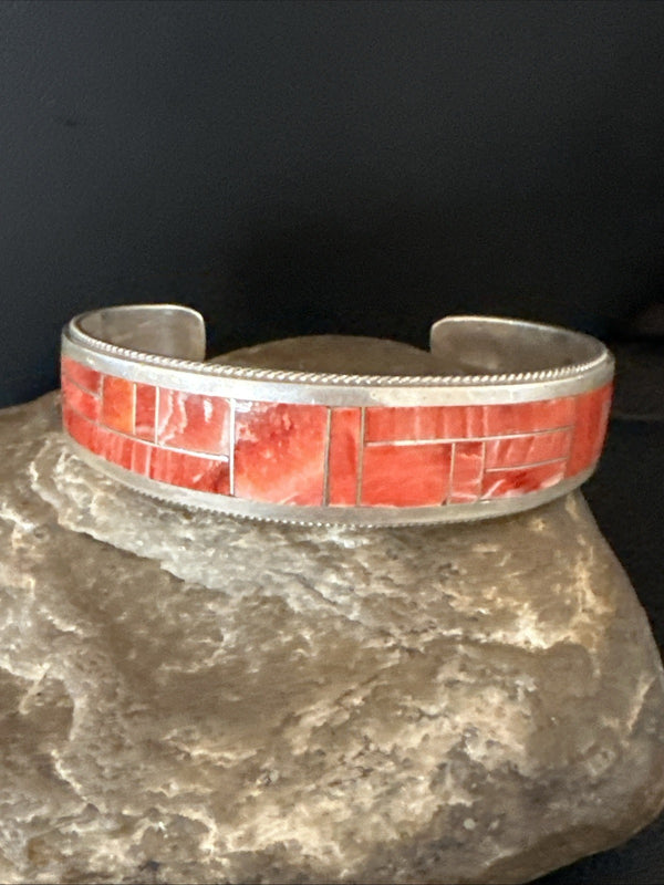 Orange Spiny Oyster Zuni Cuff Inlay Bracelet | Sterling Silver | Authentic Native American Handmade | 18993