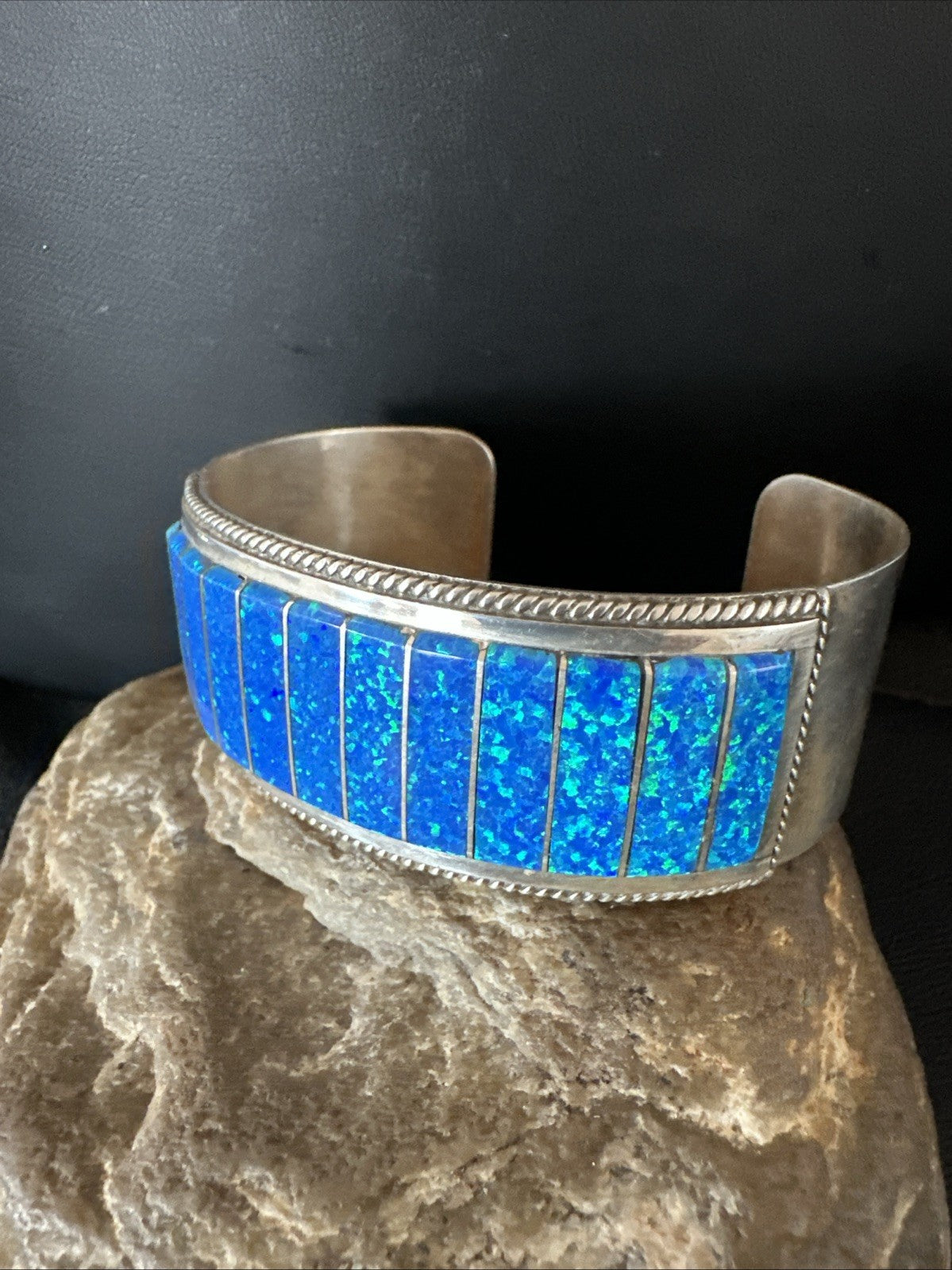 Blue Faux Gilson Fire Opal Navajo Sterling Silver Inlay Bracelet 7.5" 18991