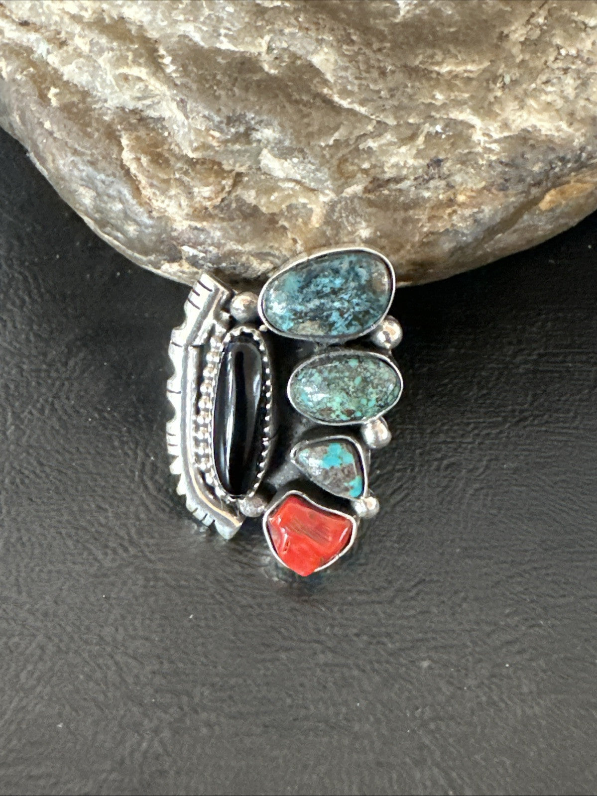 Navajo Cluster Onyx Blue Turquoise Coral Sterling Silver Ring Sz 7.5 18886