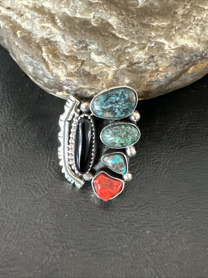 Navajo Cluster Onyx Blue Turquoise Coral Sterling Silver Ring Sz 7.5 18886