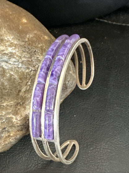 Purple Charoite Navajo Sterling Silver Inlay Cuff Bracelet 7.5" 18889