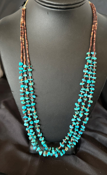 Blue Kingman Turquoise Shell 3 Strand Santo Domingo Necklace 24" 18892