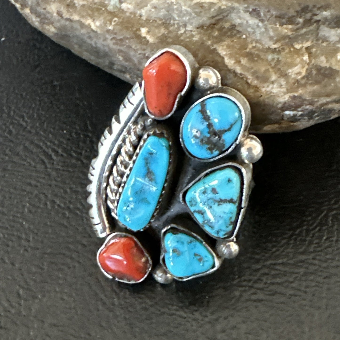 Navajo Cluster Blue Kingman Turquoise Coral Sterling Silver Ring Sz 7 18881