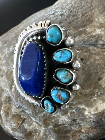 Navajo Cluster Lapis Kingman Turquoise Sterling Silver Ring Sz 9 18885
