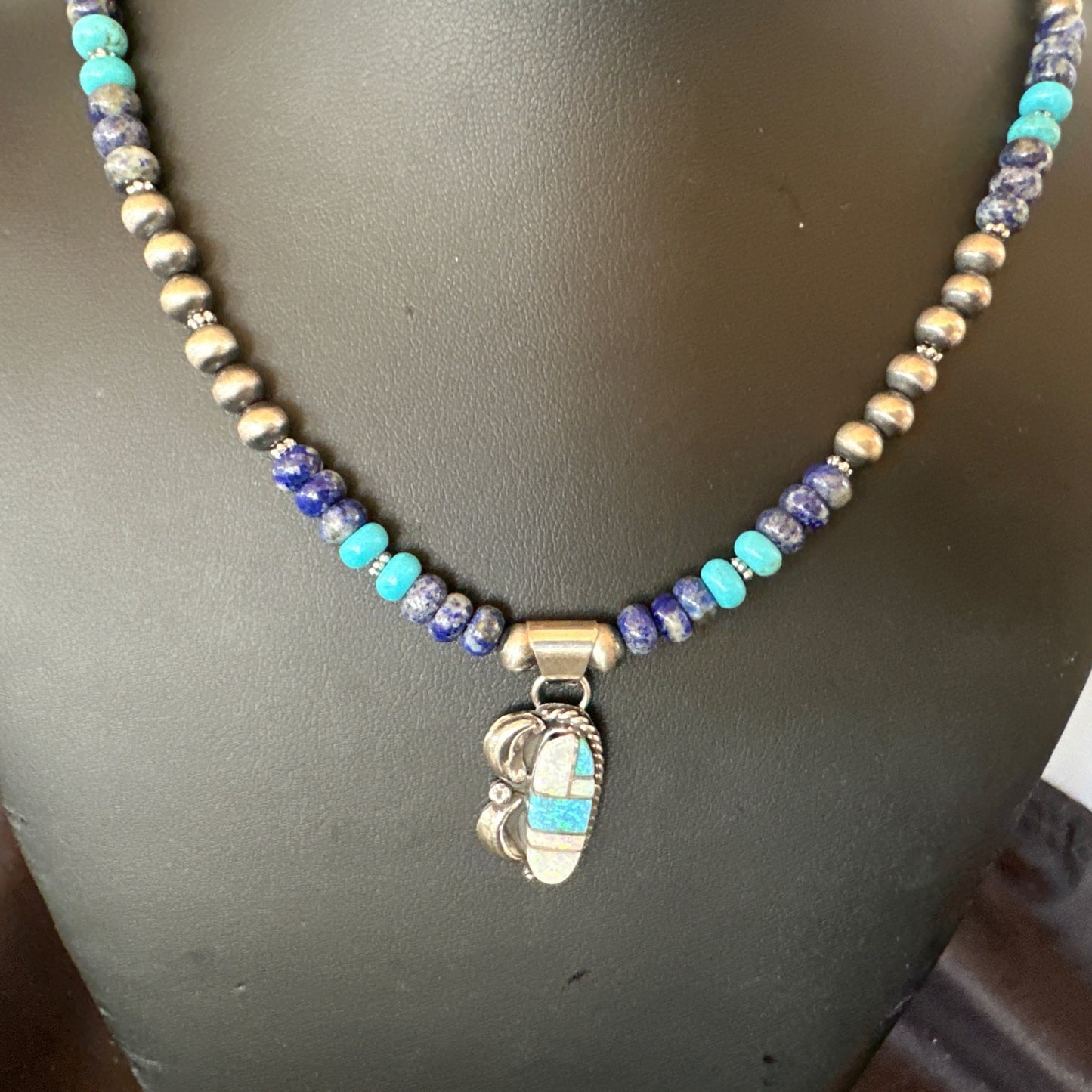 WoMens Opal Inlay Pendant Navajo Sterling Silver Blue Lapis Bead Necklace 18916