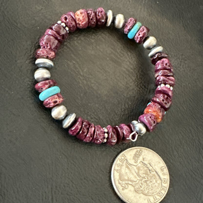 Purple Spiny Turquoise 8mm Wire Bead Wrap Bracelet Navajo Sterling Silver 18902