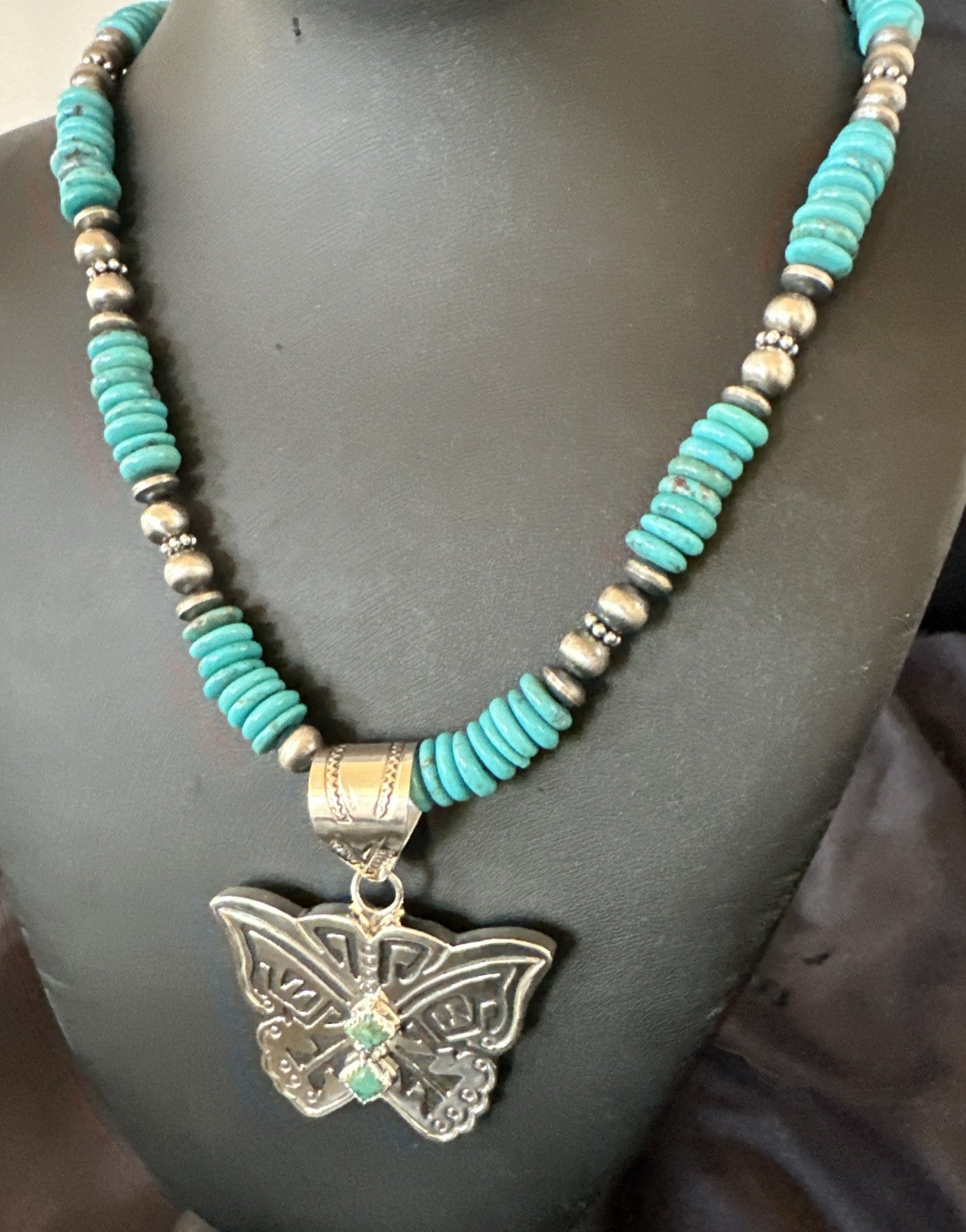 Butterfly Blue Turquoise Pendant Navajo Sterling Silver Necklace 26" 18905